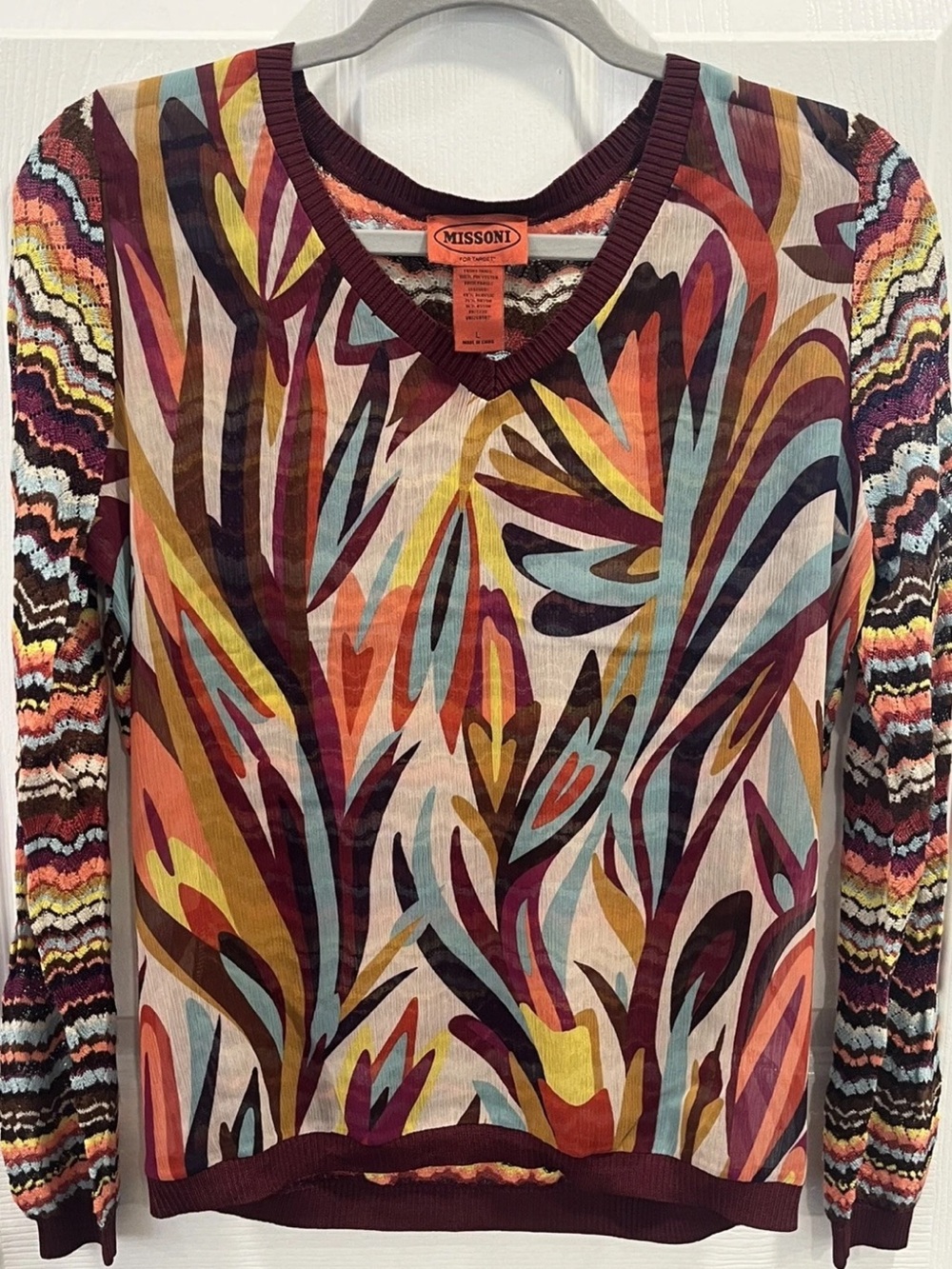 Missoni for Target Mixed Media Knit Top Sheer Front V-Neck Women's Large